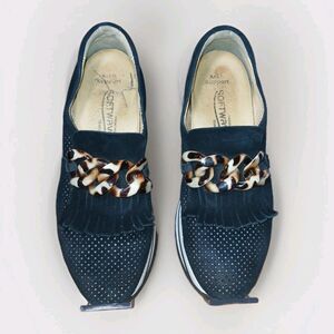 Softwaves Terracare Black Perforated Suede Platform Loafers Tortoise Chain 39.5